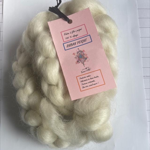 RUBAN À FILER, 100 % alpaga PEIGNÉ, couleur naturelle, Vendu Au Gramme