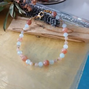 Bracelet en Pierre de Soleil, Aigue-marine et Pierre de Lune rose