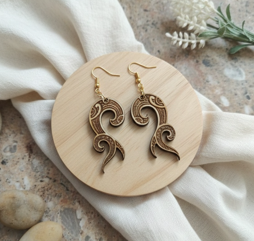 Boucles d’Oreilles Volutes Nomades Bois Gravé Recto Verso