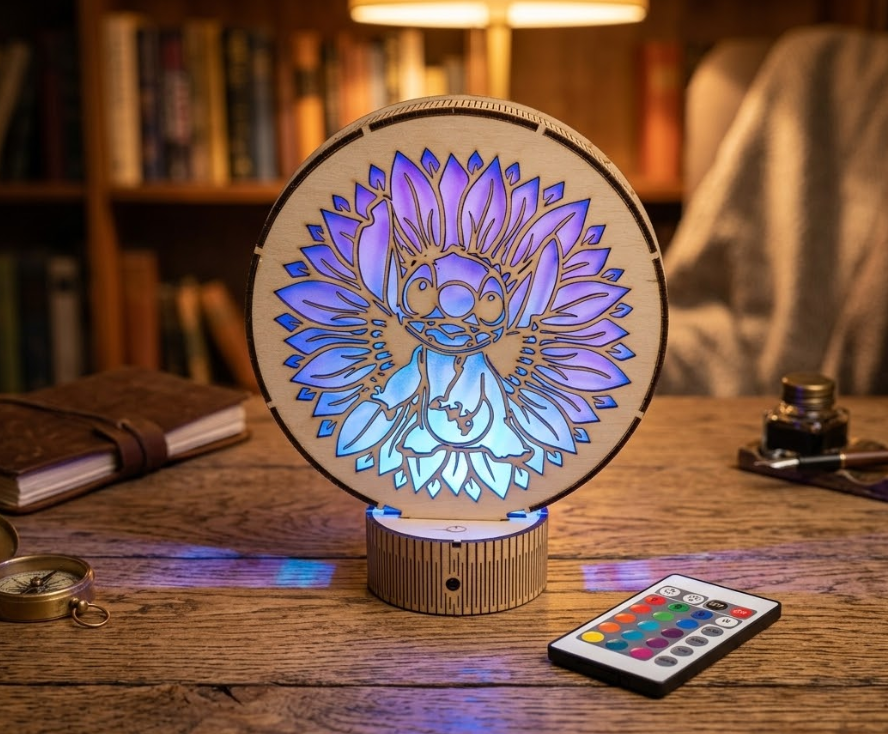 Veilleuse Stitch en Bois de Tilleul – Ambiance LED Multicolore