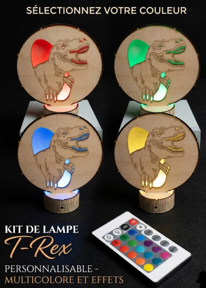Veilleuse LED T-Rex Personnalisable en Bois de Tilleul – Ambiance Multicolore USB et Piles