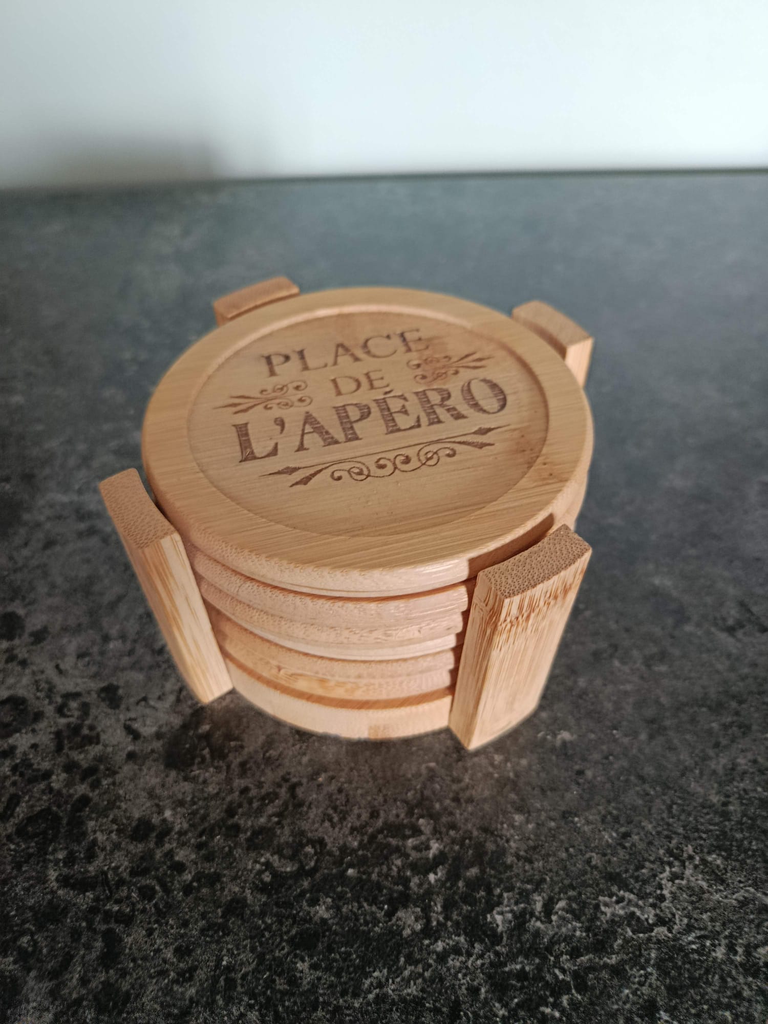 Set de 6 Sous-Verres en Bambou avec Support Thème Apéro